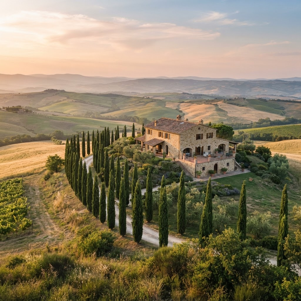 Casa colonica in pietra su una collina toscana al tramonto, circondata da cipressi