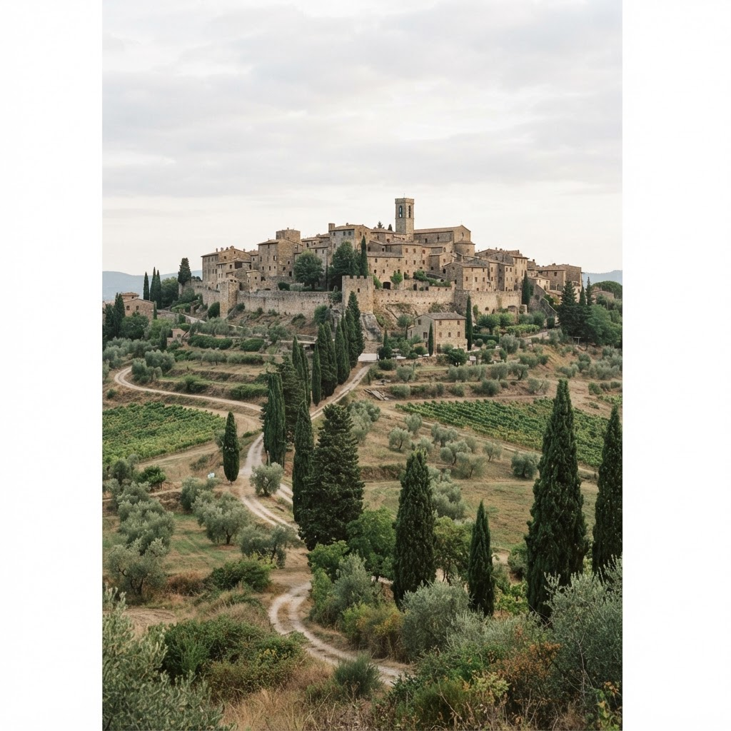 Borgo toscano di case in pietra su una collina circondata da uliveti